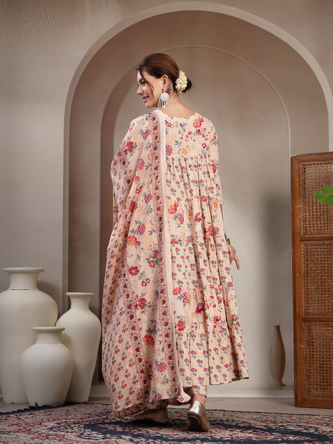 Cotton Calf Length Printed 3/4 Sleeve Key Hole Neck Flared Kurta Suit Set