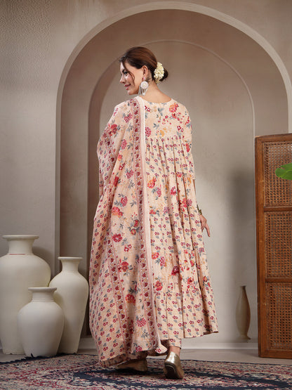 Cotton Calf Length Printed 3/4 Sleeve Key Hole Neck Flared Kurta Suit Set