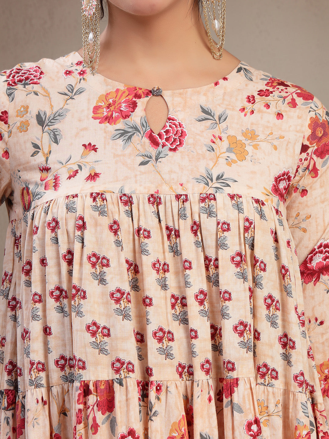 Cotton Calf Length Printed 3/4 Sleeve Key Hole Neck Flared Kurta Suit Set