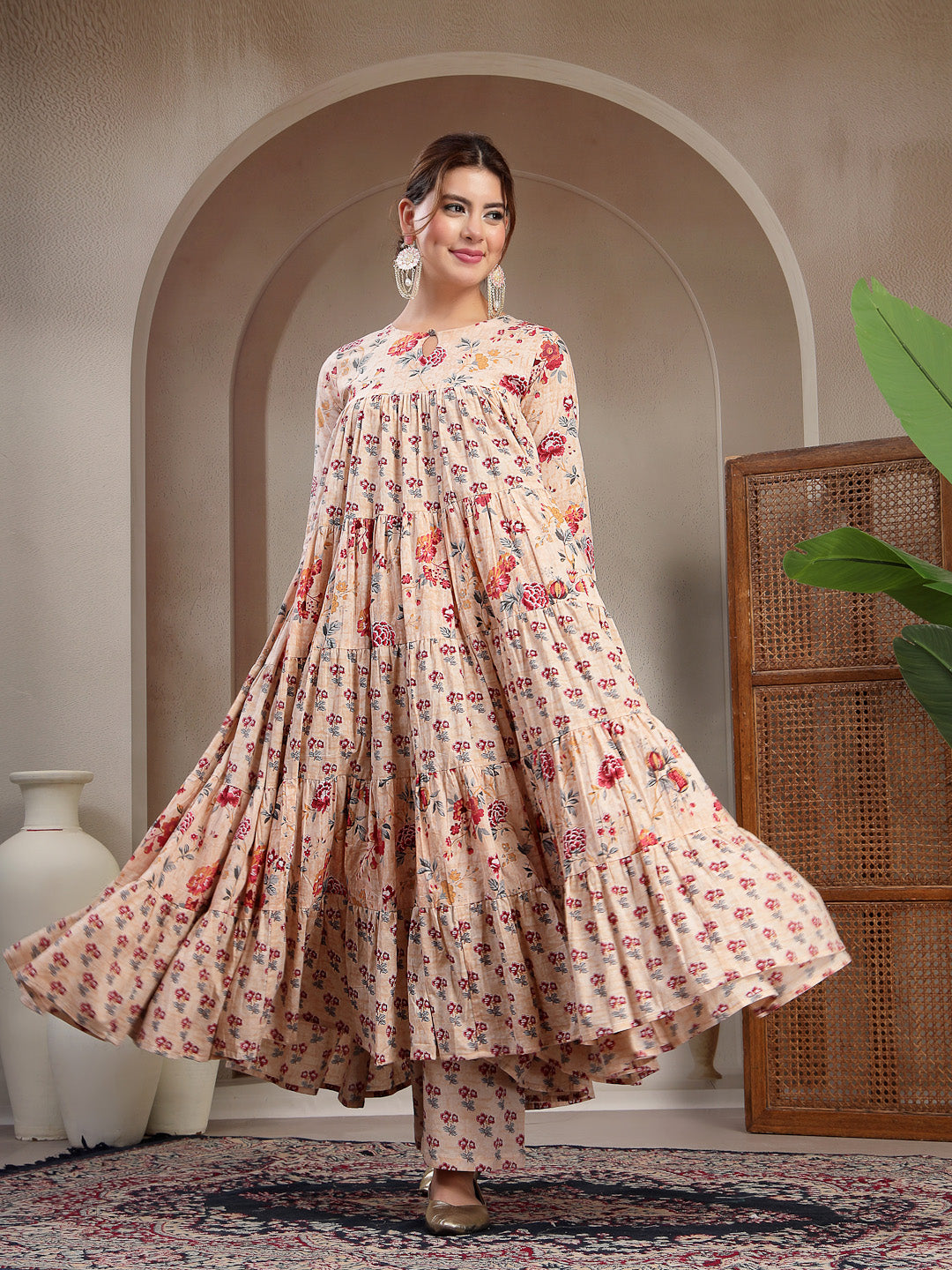 Cotton Calf Length Printed 3/4 Sleeve Key Hole Neck Flared Kurta Suit Set