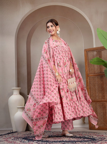 Cotton Calf Length Printed 3/4 Sleeve Key Hole Neck Flared Kurta Suit Set