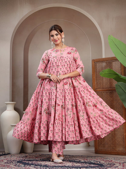 Cotton Calf Length Printed 3/4 Sleeve Key Hole Neck Flared Kurta Suit Set