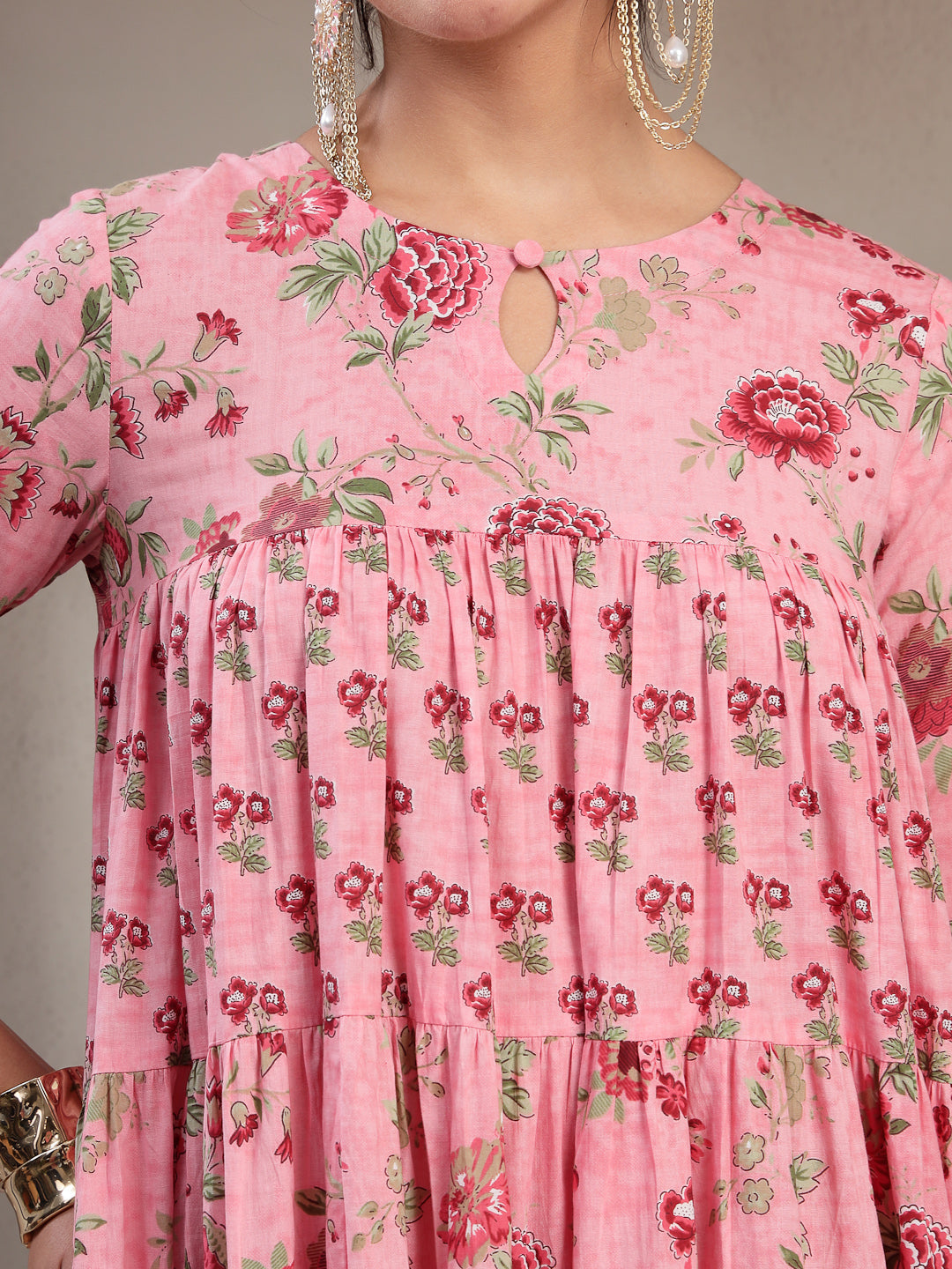 Cotton Calf Length Printed 3/4 Sleeve Key Hole Neck Flared Kurta Suit Set