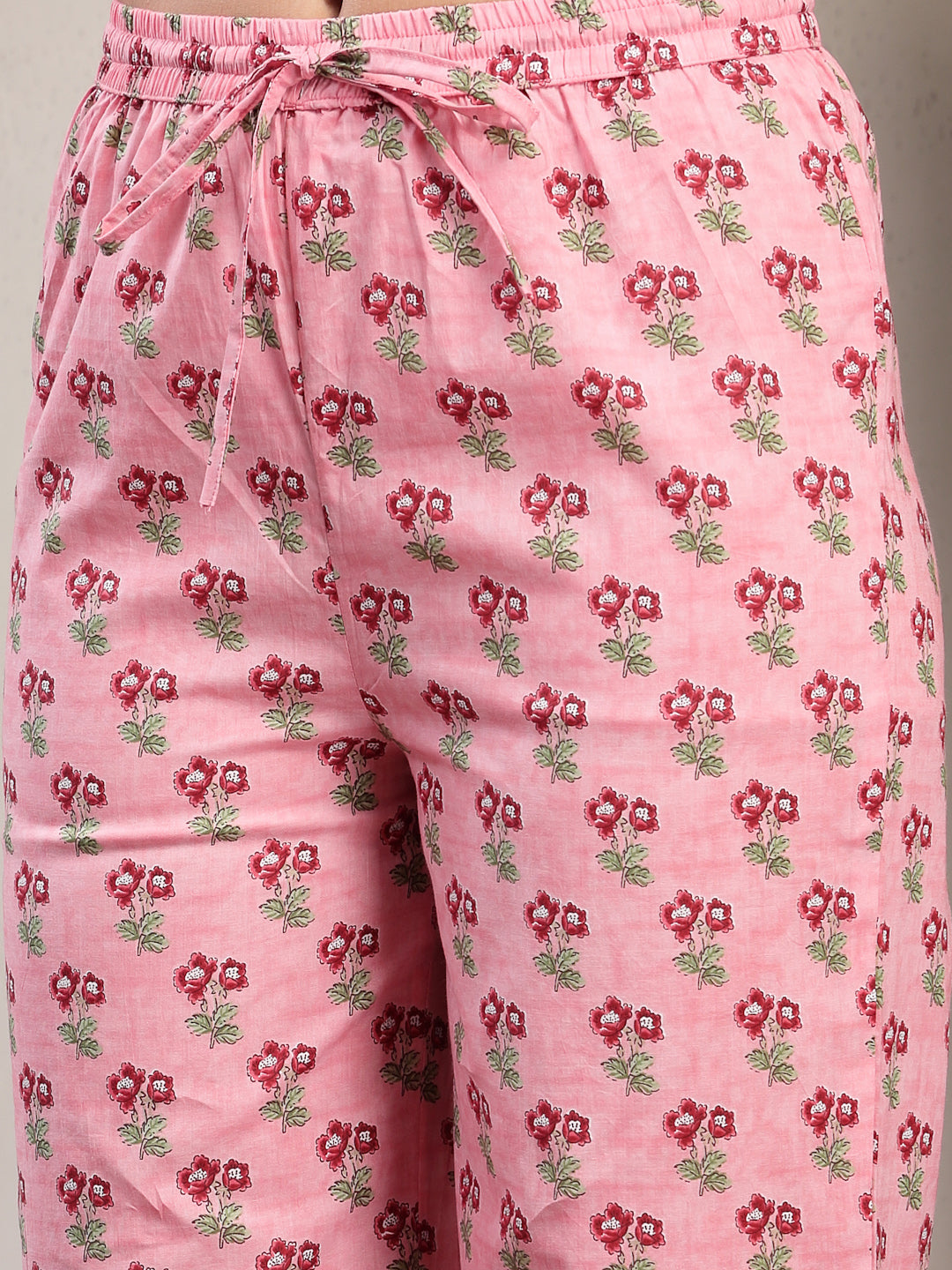 Cotton Calf Length Printed 3/4 Sleeve Key Hole Neck Flared Kurta Suit Set