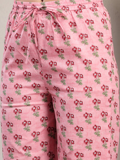 Cotton Calf Length Printed 3/4 Sleeve Key Hole Neck Flared Kurta Suit Set