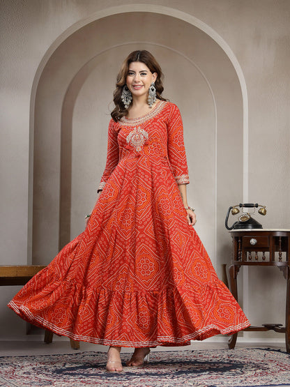 Cotton Ankle Length Printed 3/4 Sleeve Round Neck Flared Kurta