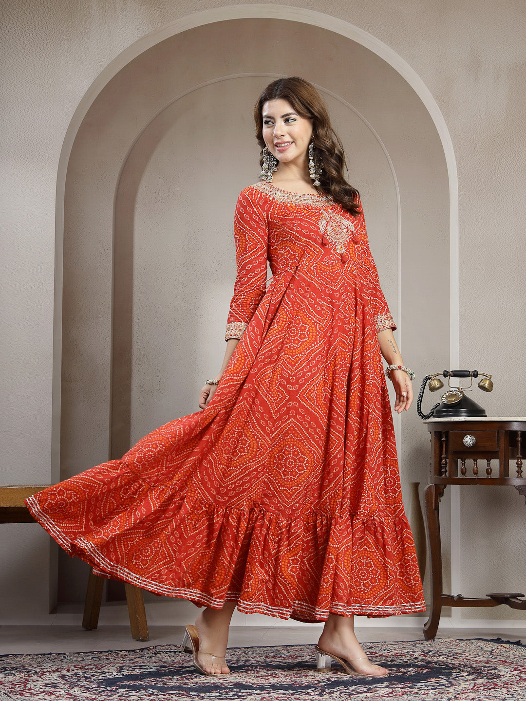 Cotton Ankle Length Printed 3/4 Sleeve Round Neck Flared Kurta