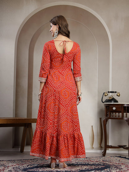 Cotton Ankle Length Printed 3/4 Sleeve Round Neck Flared Kurta