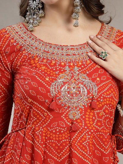 Cotton Ankle Length Printed 3/4 Sleeve Round Neck Flared Kurta