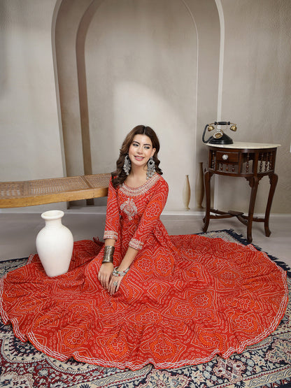 Cotton Ankle Length Printed 3/4 Sleeve Round Neck Flared Kurta