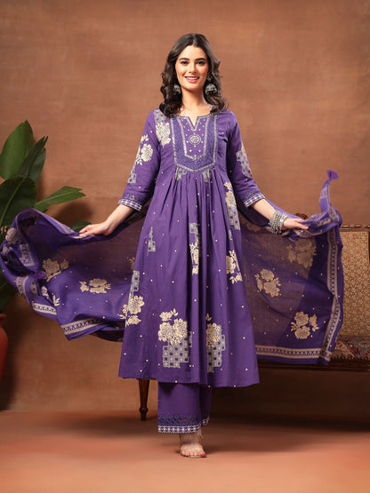 Flared Printed Cotton Round Neck Kurta Set With Dupatta