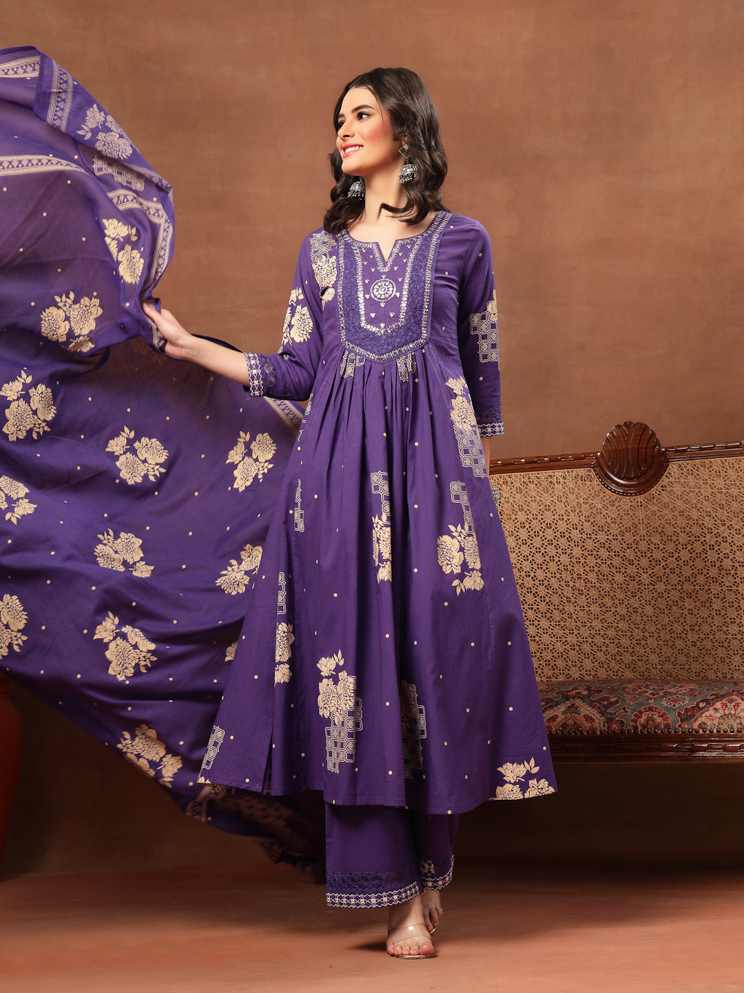 Flared Printed Cotton Round Neck Kurta Set With Dupatta