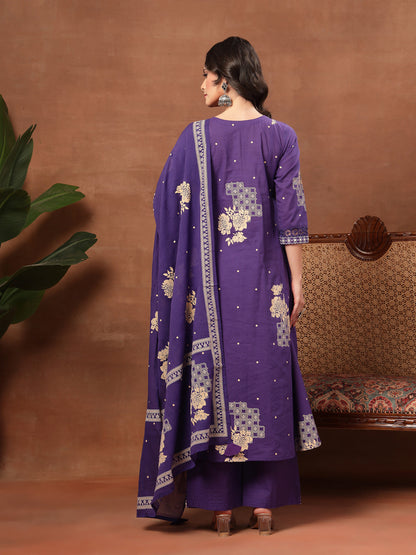 Flared Printed Cotton Round Neck Kurta Set With Dupatta