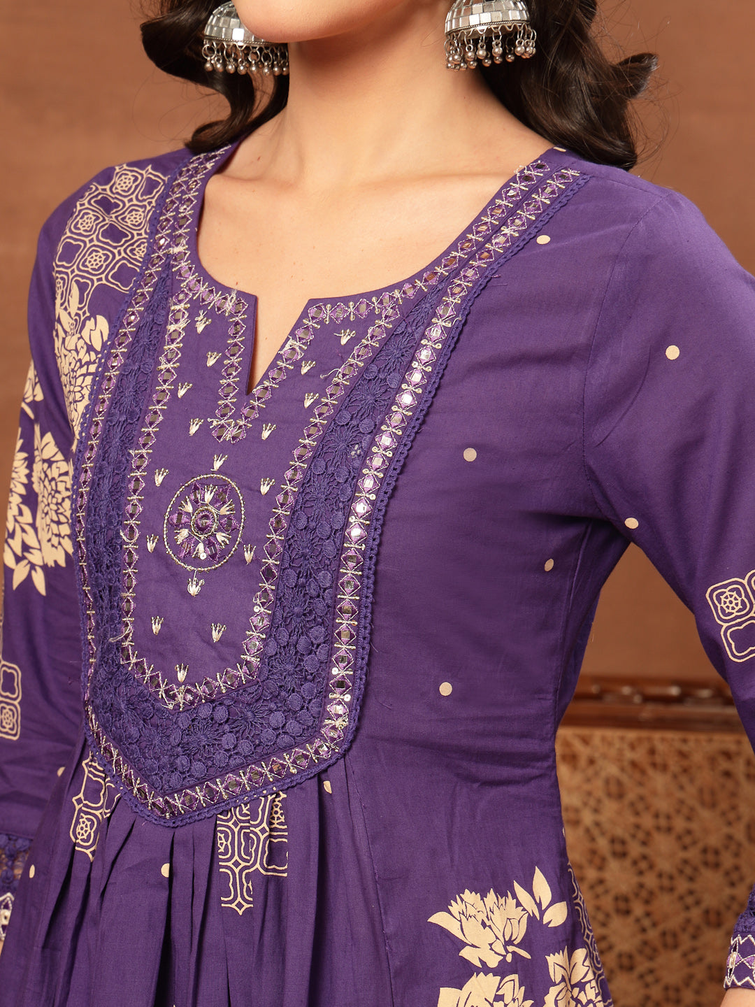 Flared Printed Cotton Round Neck Kurta Set With Dupatta