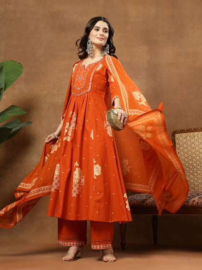 Flared Printed Cotton Round Neck Kurta Set With Dupatta