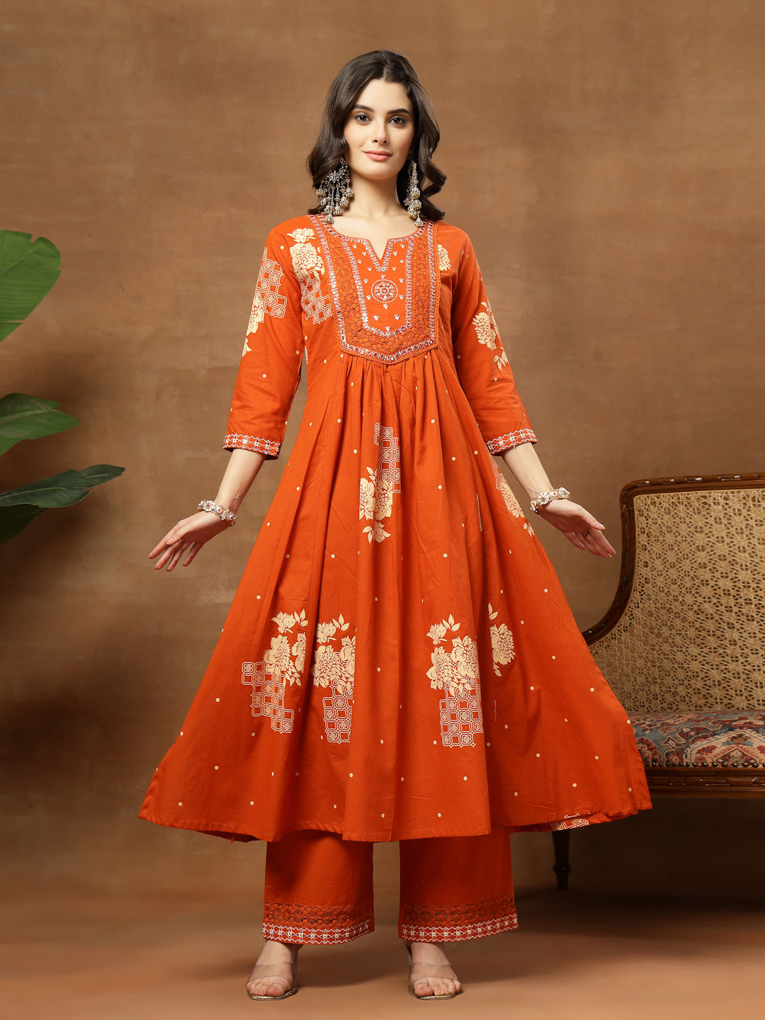Flared Printed Cotton Round Neck Kurta Set With Dupatta