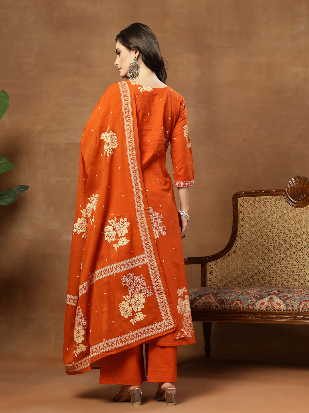 Flared Printed Cotton Round Neck Kurta Set With Dupatta