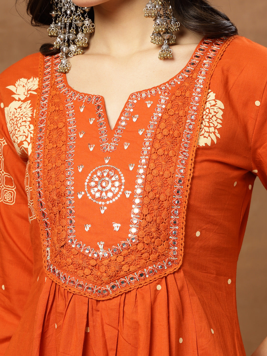 Flared Printed Cotton Round Neck Kurta Set With Dupatta