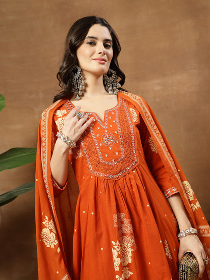 Flared Printed Cotton Round Neck Kurta Set With Dupatta