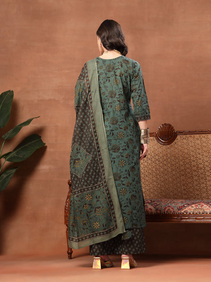 Straight Printed Cotton Round Neck Kurta Set With Dupatta