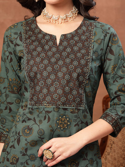 Straight Printed Cotton Round Neck Kurta Set With Dupatta