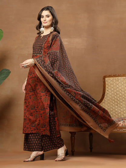 Straight Printed Cotton Round Neck Kurta Set With Dupatta