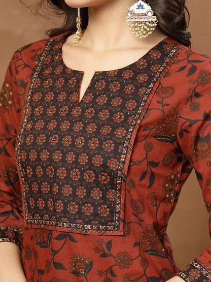 Straight Printed Cotton Round Neck Kurta Set With Dupatta