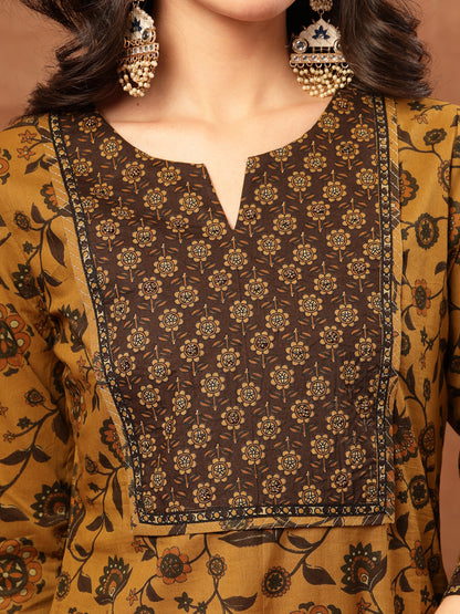 Straight Printed Cotton Round Neck Kurta Set With Dupatta