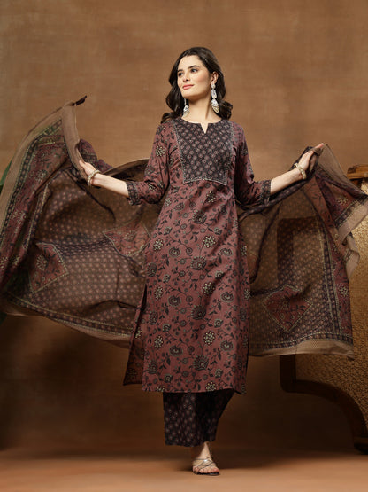 Straight Printed Cotton Round Neck Kurta Set With Dupatta