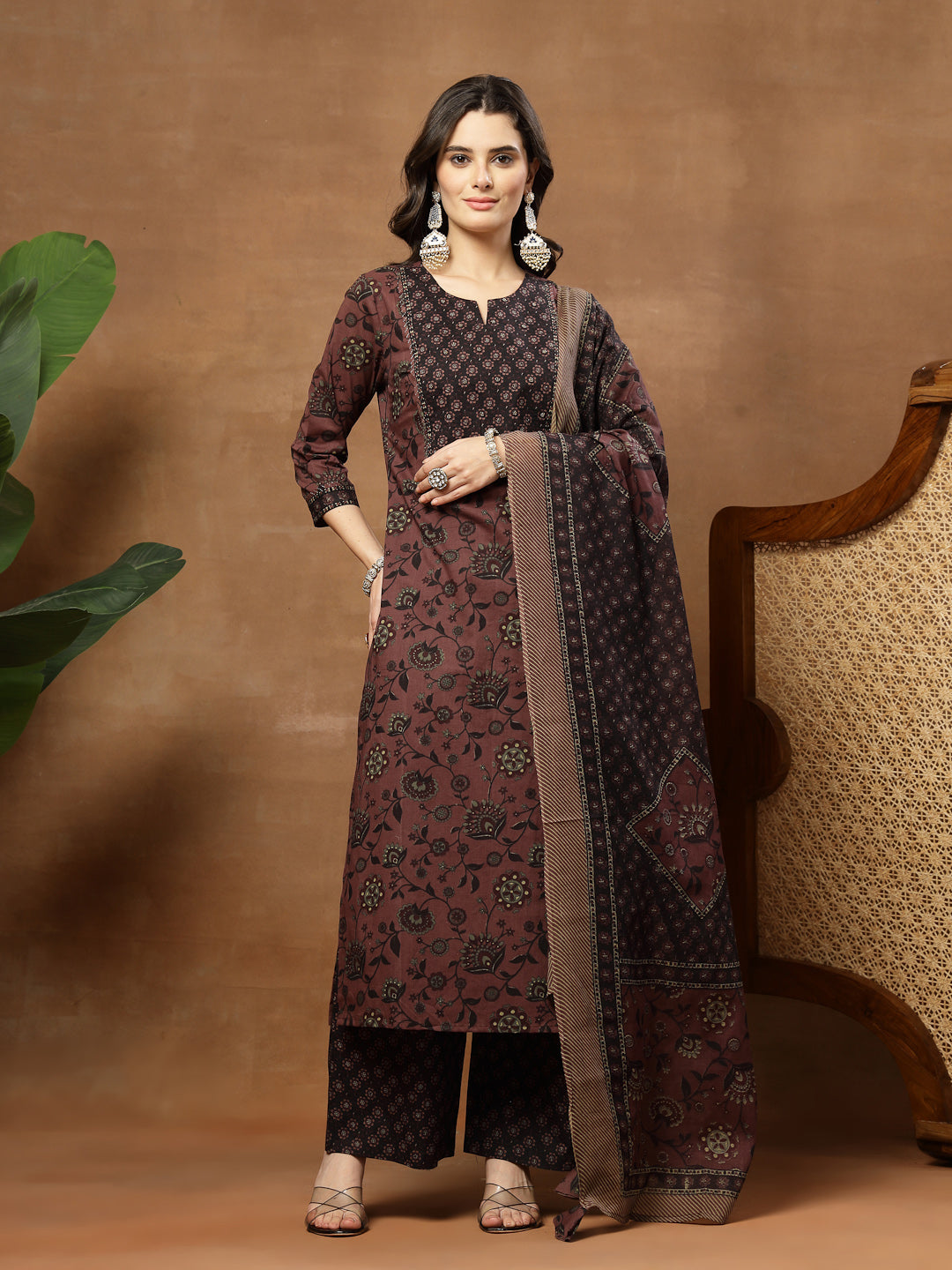 Straight Printed Cotton Round Neck Kurta Set With Dupatta