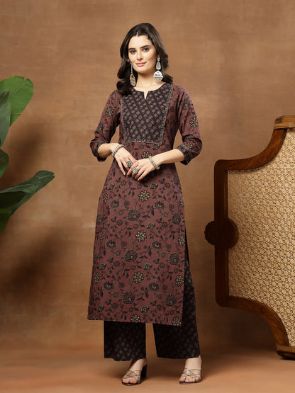 Straight Printed Cotton Round Neck Kurta Set With Dupatta