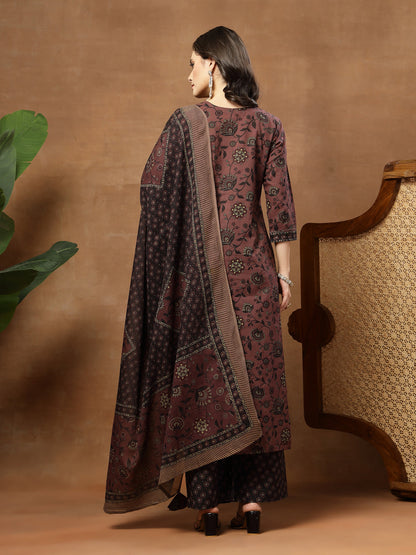 Straight Printed Cotton Round Neck Kurta Set With Dupatta