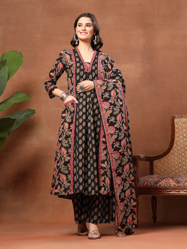 Flared Printed Cotton V-Neck Kurta Set With Dupatta