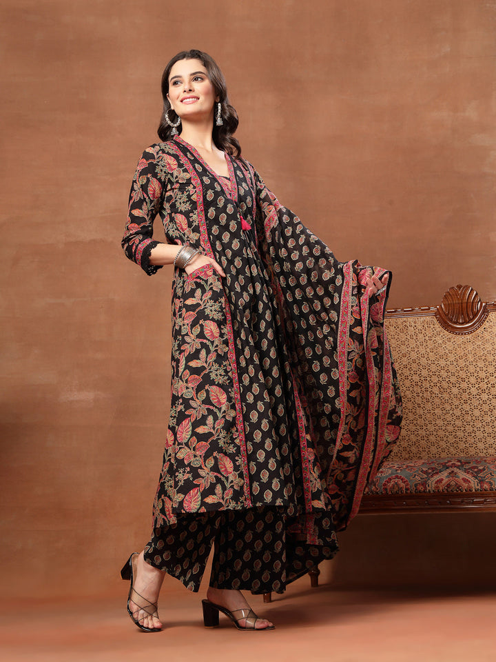 Flared Printed Cotton V-Neck Kurta Set With Dupatta