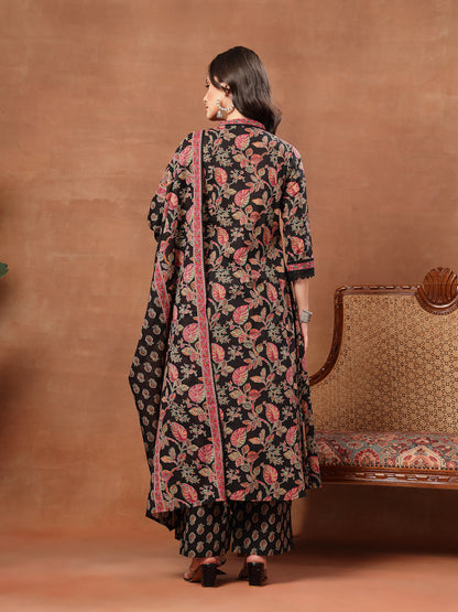 Flared Printed Cotton V-Neck Kurta Set With Dupatta