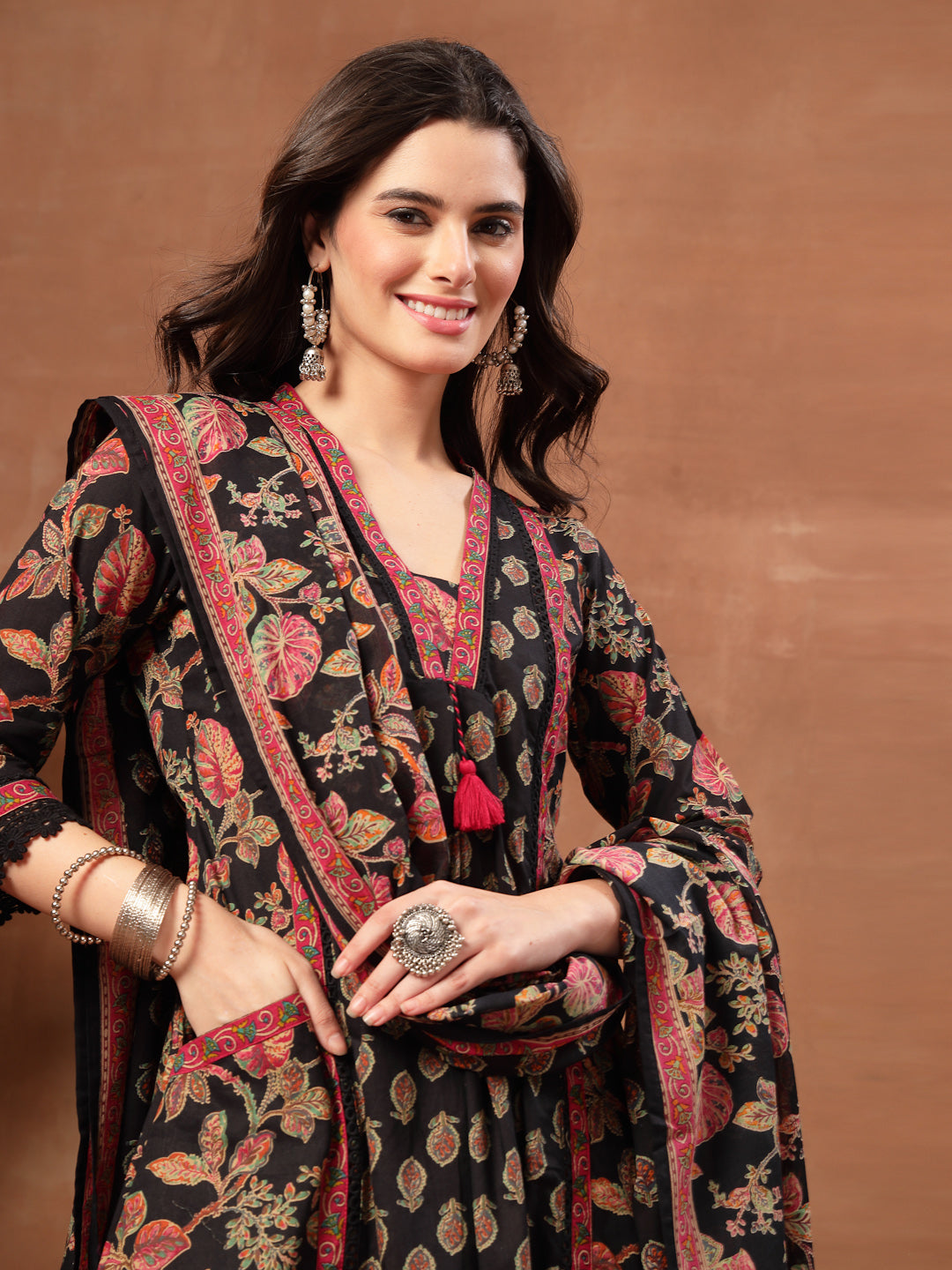 Flared Printed Cotton V-Neck Kurta Set With Dupatta