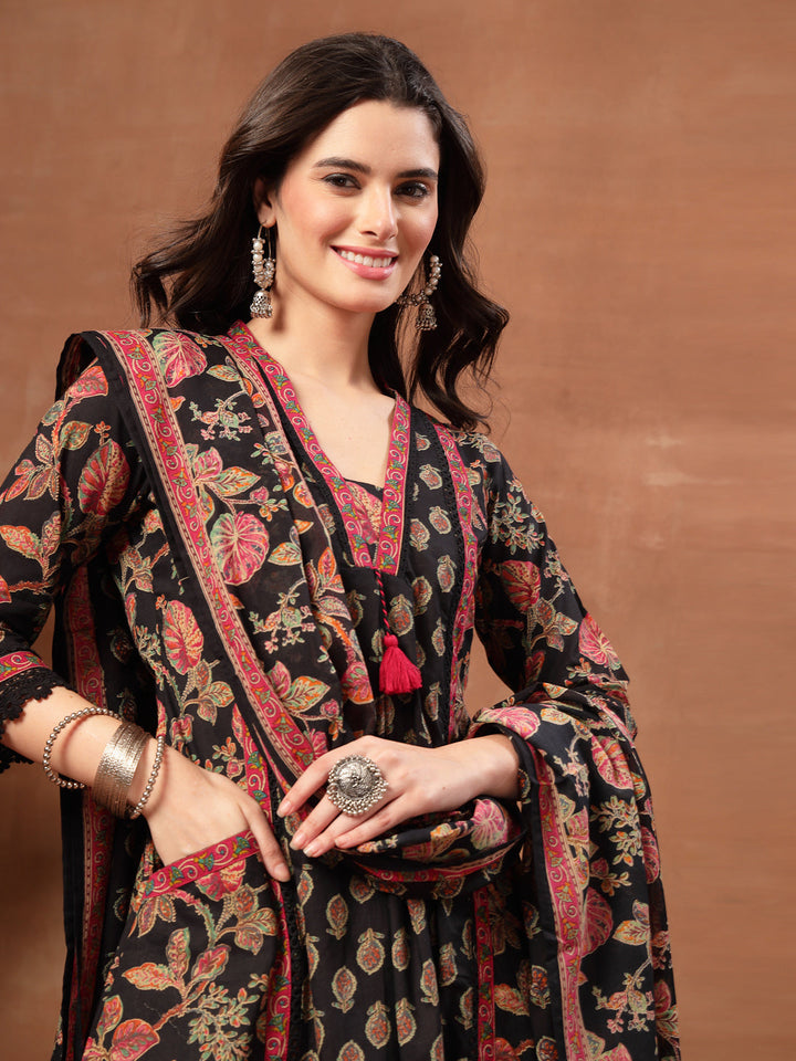 Flared Printed Cotton V-Neck Kurta Set With Dupatta