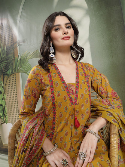 Flared Printed Cotton V-Neck Kurta Set With Dupatta