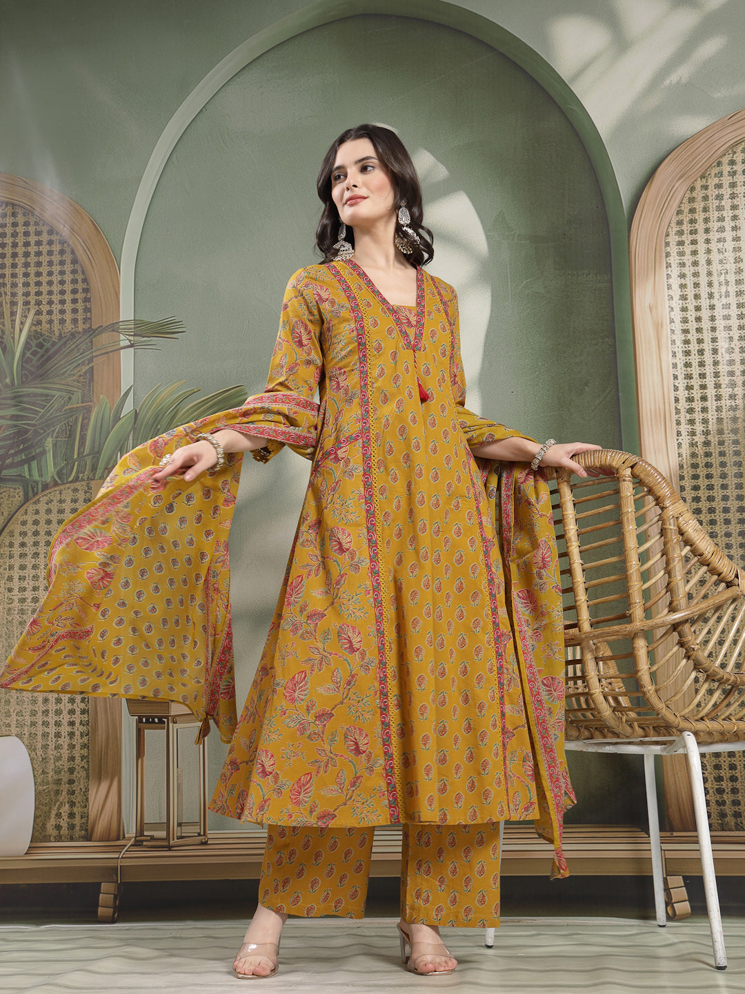 Flared Printed Cotton V-Neck Kurta Set With Dupatta