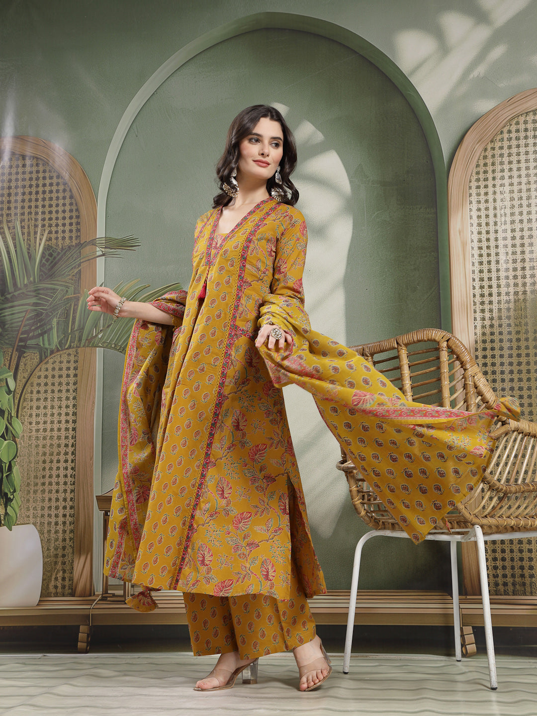 Flared Printed Cotton V-Neck Kurta Set With Dupatta