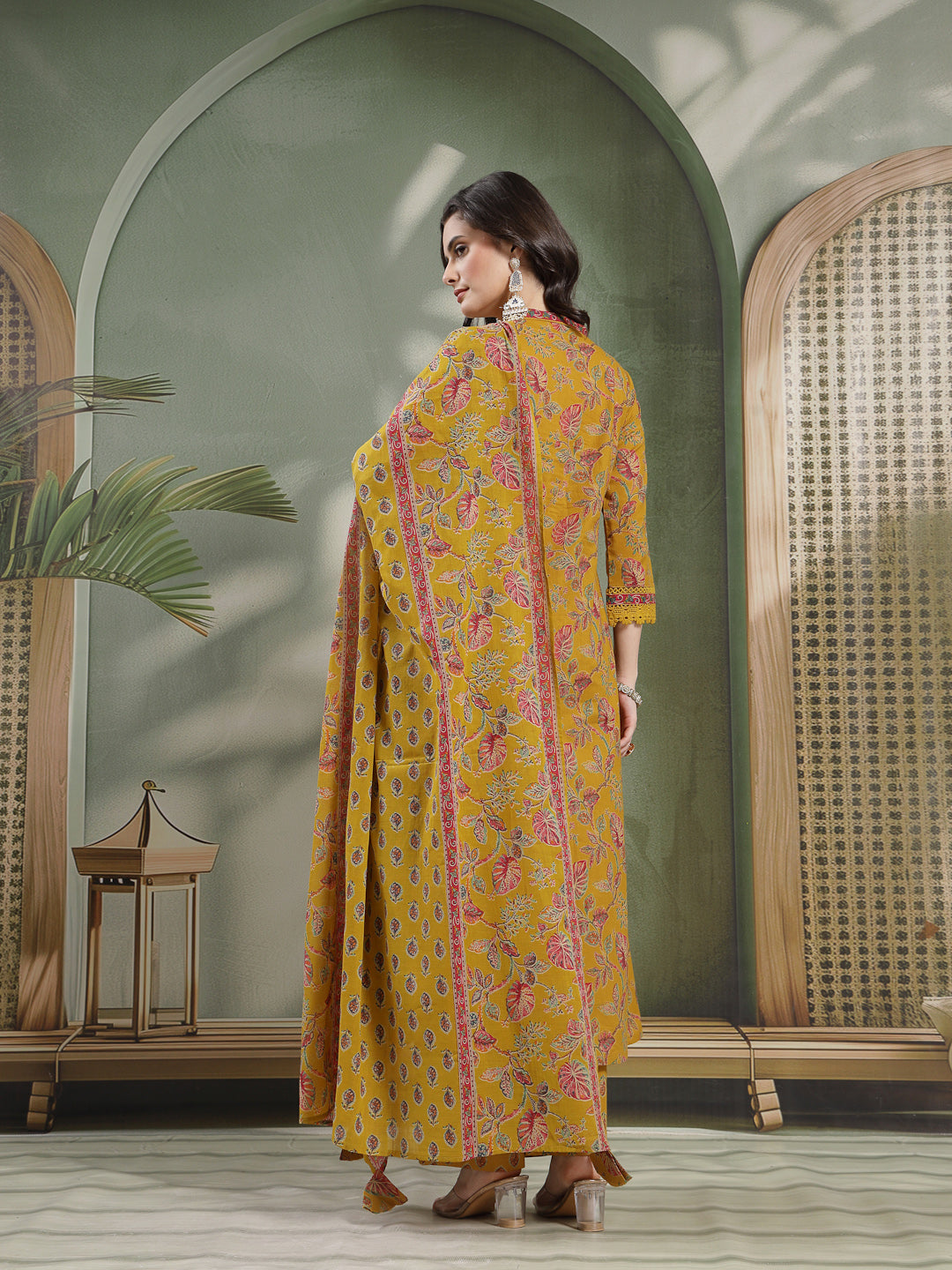 Flared Printed Cotton V-Neck Kurta Set With Dupatta