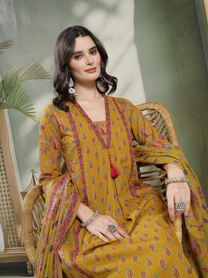 Flared Printed Cotton V-Neck Kurta Set With Dupatta