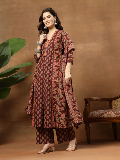 Flared Printed Cotton V-Neck Kurta Set With Dupatta