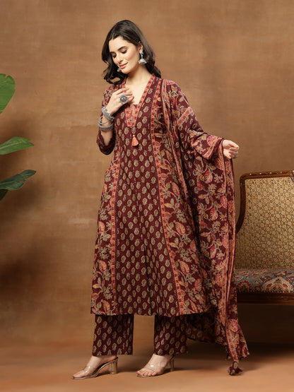 Flared Printed Cotton V-Neck Kurta Set With Dupatta