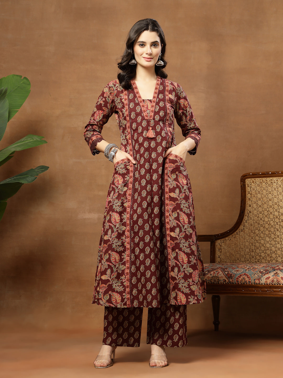 Flared Printed Cotton V-Neck Kurta Set With Dupatta
