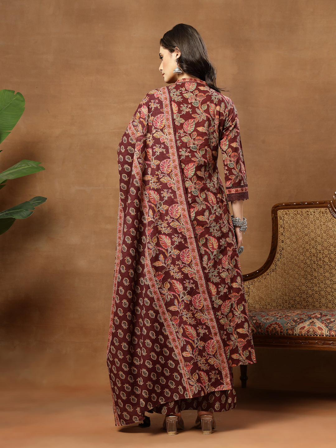 Flared Printed Cotton V-Neck Kurta Set With Dupatta