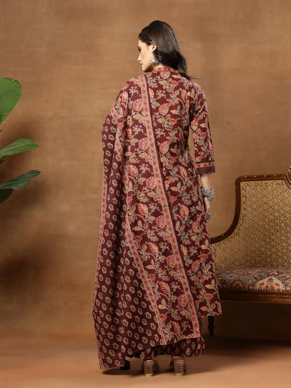 Flared Printed Cotton V-Neck Kurta Set With Dupatta