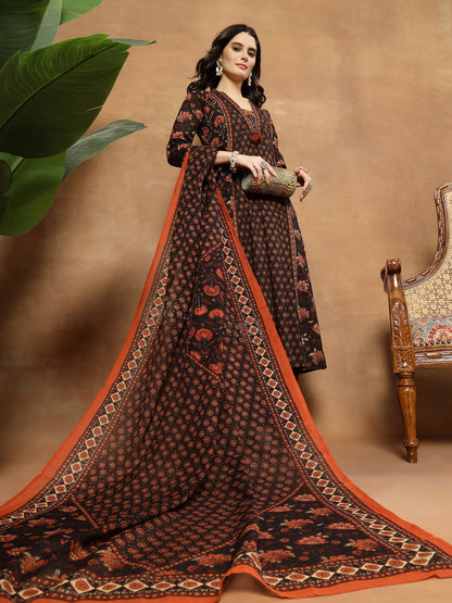 Flared Printed Cotton V-Neck Kurta Set With Dupatta