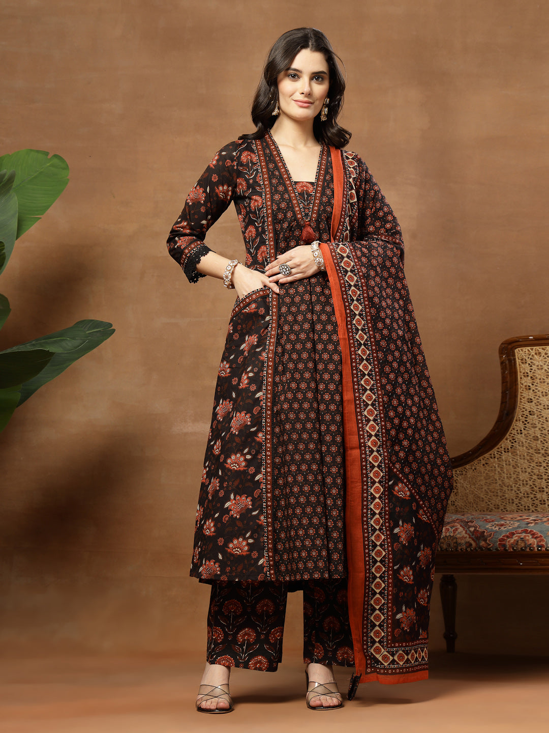 Flared Printed Cotton V-Neck Kurta Set With Dupatta