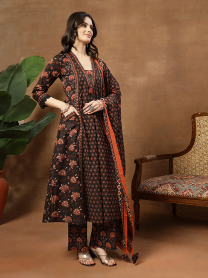 Flared Printed Cotton V-Neck Kurta Set With Dupatta